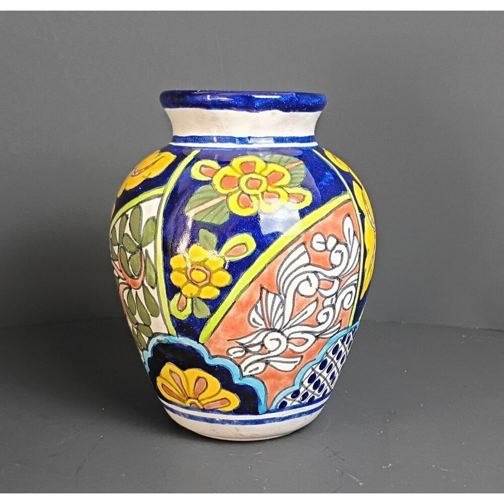 Genuine Mexican Talavera Hand Painted Ginger Jar Pottery Vase Signed Vintage